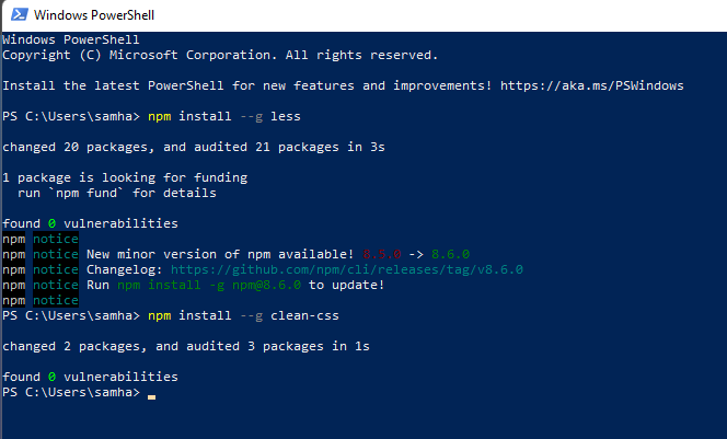 Windows powershell screen shot installing less and clean-css